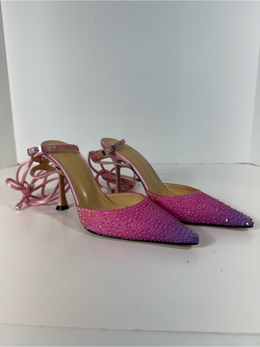Gianvito Rossi Pink Crystal Embellished Lace-Up Slingback Pumps Size EU 35 US 5
